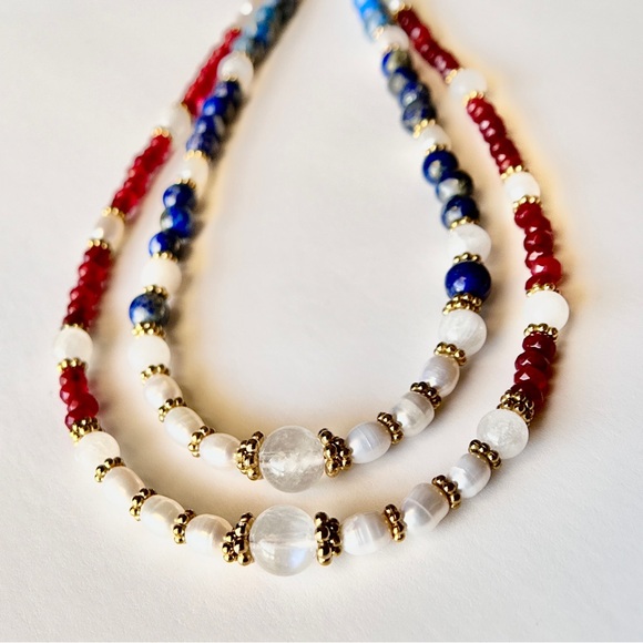 Gold Necklace Ruby Lapis Lazuli Pearl Moonstone Handmade Crystal Necklace Silver - Picture 3 of 11